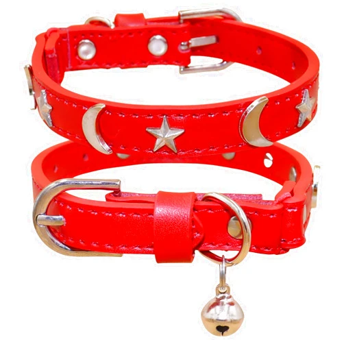 WDPAWS Leather Cat Collars with bell and Safety Elastic belt Moon and Stars Stud Adjustable for cats and kitten girl boy Size 7.5-10 Inch (Red)