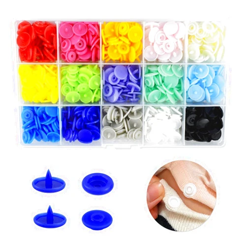 Yuntop 150 Sets Plastic Snaps Fasteners T5 Resin Snap Buttons Kit Plastic Snap Buttons for Clothing Sewing Crafting No-Sew Round Buttons with Storage Organizer for Crafts Cloth Diaper Bibs Bags (15 Colors)