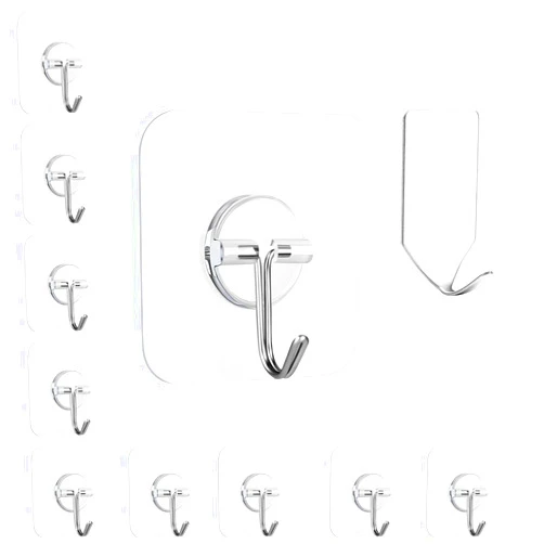 FOWOKAW Adhesive Hooks.Heavy Duty Self Wall Hooks15lb(Max),Waterproof and Oilproof Transparent hooks11 Pack