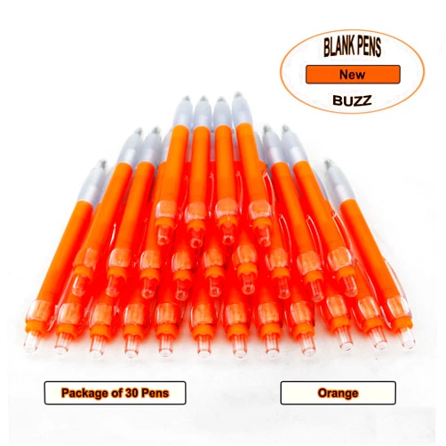 EZPENCILS & GIFTS - Blank Pens Bulk – Translucent Colored Body Pens - Black Ink Pens - Buzz Pens - Orange Body - 30 Pcs 30 Pens Orange