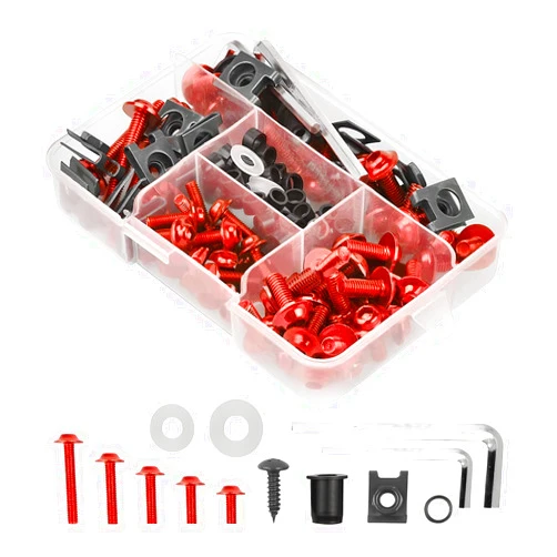 Osilly Motorcycle Fairing Bolt Kit, 177pcs M5 M6 Motorcycle Windscreen Screws, Colorful Fasteners Fairing Bolts Nuts Washers Clips Kit, Aluminum Assortment Fixing for Most Sport Bikes (Red)