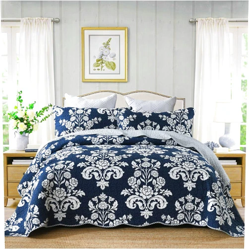 Qiqiong King Quilt Set, 100% Cotton Floral Quilted Bedspread King Size Farmhouse Paisley Reversible Quilt Bedding Set Lightweight Comforter Set Bed Coverlet for All Season, Navy Blue White 3-Piece