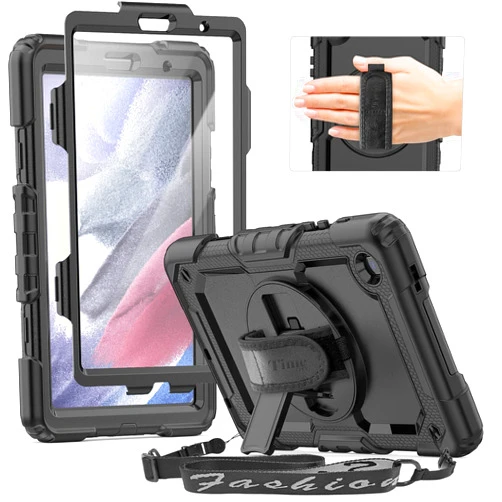 Timecity Case for Samsung Galaxy Tab A7 Lite 2021 8.7'' SM-T220/T225/T227 with Screen Protector, Heavy Duty Rugged Full-Body Protective Case with 360 Rotating Stand, Hand/Shoulder Strap Case, Black