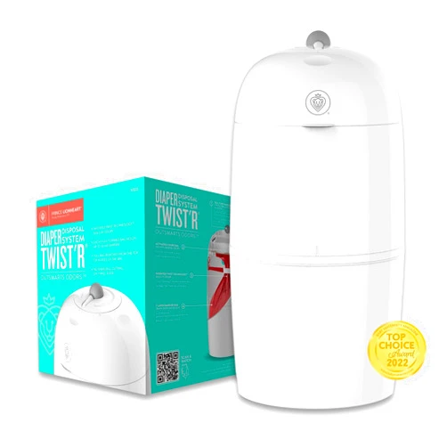 Prince Lionheart Diaper Twist’R Diaper Pail - Outsmarts Odors with Patented Twist Technology, Trash Can for Bathroom, Baby Diaper Pail with 2 Diaper Pail Refill Bags & 2 Charcoal Sachets
