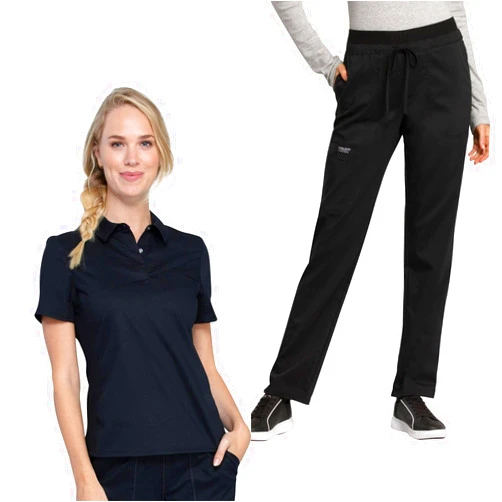 Cherokee Scrub Set for Women, Tuckable Snap Front Polo Shirt WW698 with Mid Rise Tapered Leg Drawstring Scrub Pant WW105