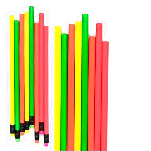 Emraw Colorful Round No 2 HB Fluorescent Colored Wood Cased Pencils with Eraser Top - Pack of 16 Unsharpened Sparkling Bright Pencils