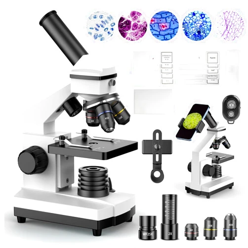 PalliPartners Compound Microscope for Adults & Students - 100X-2000X High-Power Biological Microscope for Students, School Lab & Home Education, with Slides Set & Phone Adapter (White)