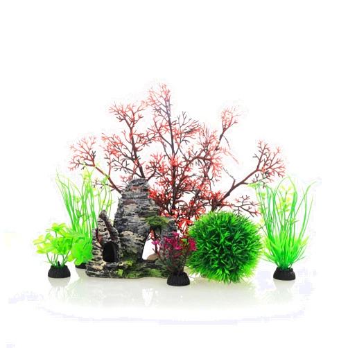 JIH Aquarium Fish Tank Plastic Plants and Cave Rock Decorations Decor Set 7 Pieces, Small and Large Artificial Fish Tank Plants with Cave Rock (CU89Red-7)