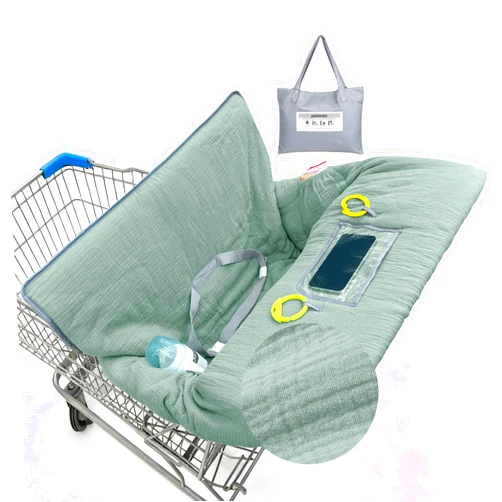 BeBeJoJo Muslin Shopping Cart Cover for Baby Soft & Breathable High Chair Covers for Restaurant Seat Grocery Cart Cover with Storage Pocket Machine Washable for Infant Toddler Boy Girl, Sage Green