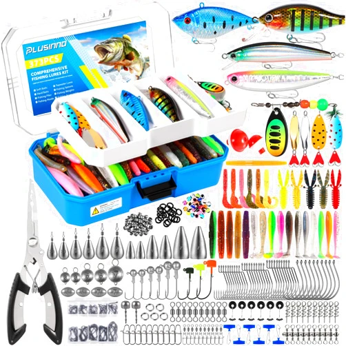 PLUSINNO Fishing Lures Kit with Removable Tray, 373PCS Fishing Tackle Box with Tackle Included, Fishing Gear with Pliers, Weights, Hooks, Accessories, Fishing Tackle Lure Kit Gifts for Men Bass Trout