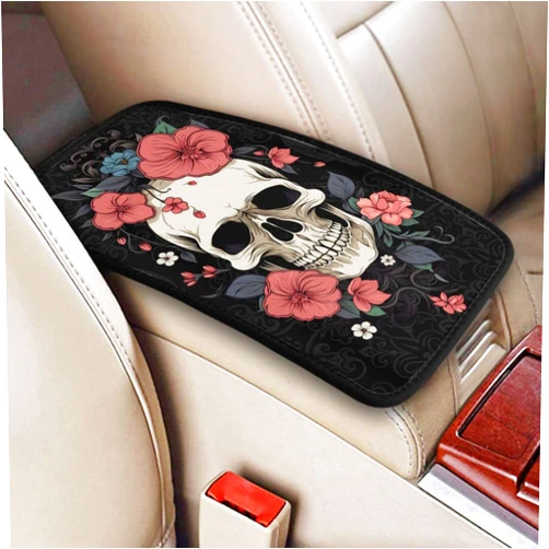 Indokyeyqaz Universal Car Center Console Cushion Pad, Red Flower Skull Soft Waterproof Car Center Console Cover Auto Armrest Seat Box Cover Protector for Most Vehicle SUV Truck Car