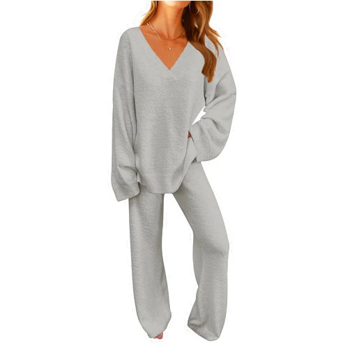 MEROKEETY Women's 2 Piece Outfits Fuzzy Fleece Pajama Set Long Sleeve Top Wide Leg Pants Loungewear