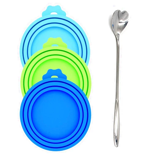 Comtim Pet Food Can Lids, Silicone Can Lids Covers for Dog and Cat Food, Universal Size Fits All Standard Size Dog and Cat Can Tops (3 Pack & Spoon, Multi-colored)