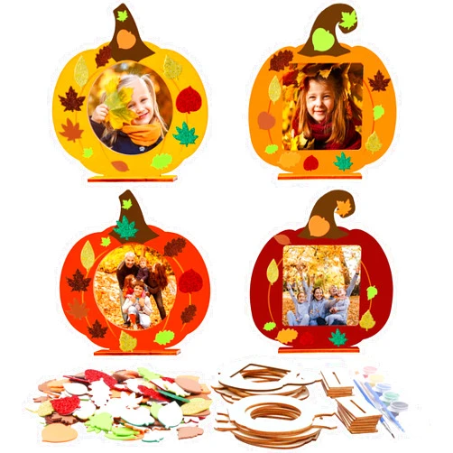 RGISHOP 12 Pack Fall Crafts for Kids Wooden Pumpkin Photo Frame and Maple Leaf Stickers Unfinished Wood Picture Frame for Boys Girls Autumn Thanksgiving Harvest Activity Gift