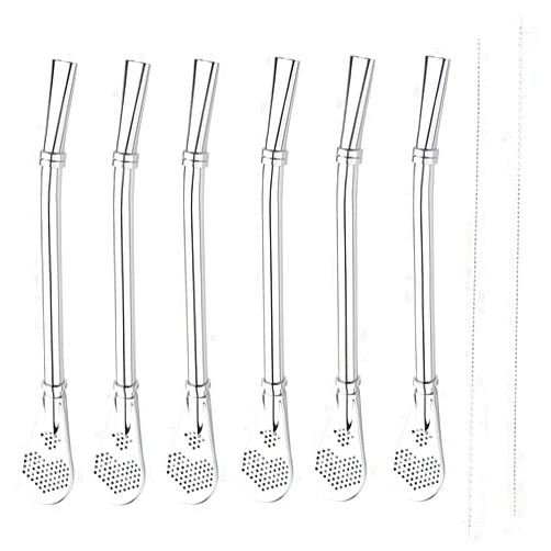 TangFuRen 304 stainless steel straw filter spoon metal straw stainless steel drinking straw can be reused coffee straw spoon tea filter beverage pipe stirring spoon 6 + 2 cleaning brush