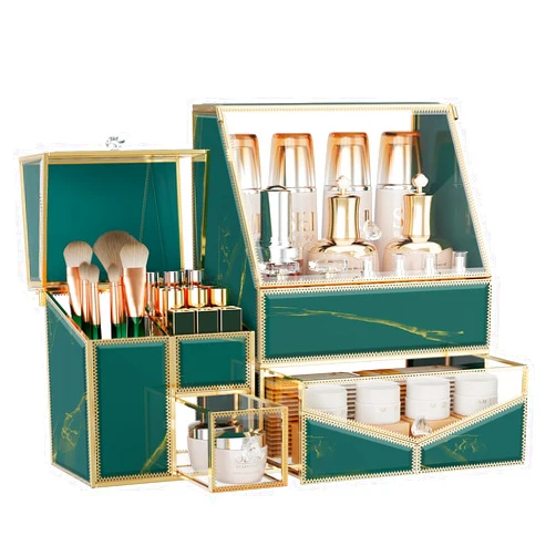 Youdepot Tempered Glass Makeup Organizer Countertop - Multi-Functional 3-in-1 Cosmetic Organizer for Skincare, Lipstick, Brushes - Vanity Organizer & Bathroom Organizer and Skincare Organizer.