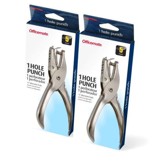 Officemate 1 Hole Punch, 5 Sheet Capacity, Comes in 2 Pack, Silver (90073)