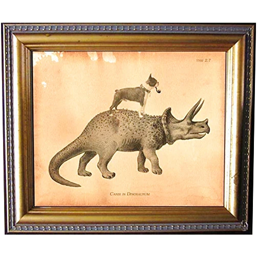 Handmade Boston Terrier Dog Riding Dinosaur Vintage Collage Semi-Matte Photo Print Tea Stained Background dog art dog gift for dog mom gift for her dog novelty gift wall decor art print