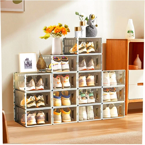 AISNDYOG Shoe Storage Box, 15 Pack Large Clear Plastic white Stackable Shoe Organizer for Closet, Space Saving Foldable Shoe rack,Substitute for Drawer Organize Unit