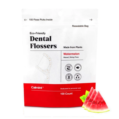 Calmint Eco-Friendly Dental Flossers - Infused with Essential Oils | Biodegradable | Natural Plastic-Free Handle for Adults & Kids | Soft for Tooth & Gum Health | Vegan Oral Care (100, Watermelon)