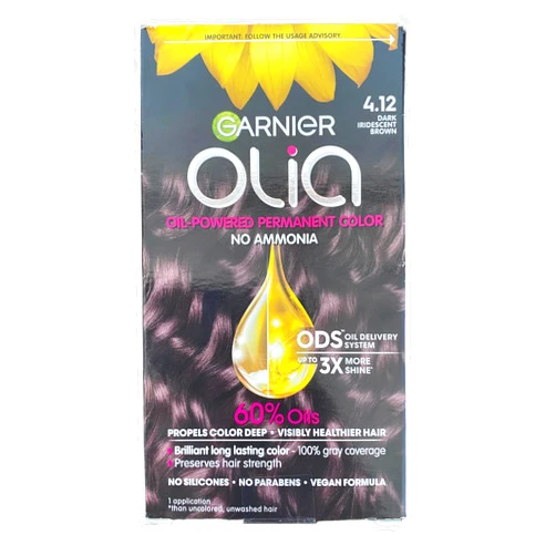 Garnier Olia Oil-Powered Permanent Hair Color, 4.12 Dark Iridescent Brown, No Ammonia, 1 Count