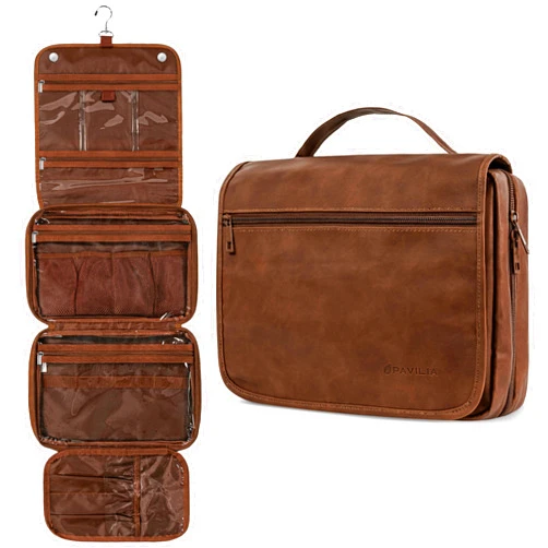 PAVILIA Hanging Toiletry Bag Women Men, Foldable Cosmetic Organizer Travel Bag, Water Resistant Makeup Bag Toiletries, Large Travel Essentials Kit (Dark Brown)