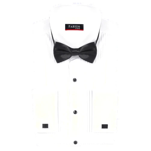 FAHIZO Men's White Tuxedo Shirt with Wing Collar, French Cuffs & Accessories