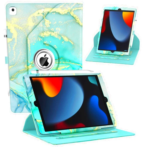 ZoneFoker Case for iPad 9th/ 8th/ 7th Generation, iPad 10.2 inch Case 2021/2020/ 2019, 360 Degree Rotating Stand, iPad 9 8 7 Gen 10.2'' Leather Cover with Pocket Design & Pencil Holder, Marble Green