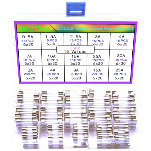 QBGTFAK 250pcs Quick Blow Glass Tube Fuse Assorted Kit 250V fuses 0.5A, 1.5A, 2.5A, 3A, 4A, 7A, 10A, 15A, 25A, 30A, 6x30mm, 250V 2A, 4A, 8A, 15A, 25A, 5x20mm (5x20mm and 6x30mm)