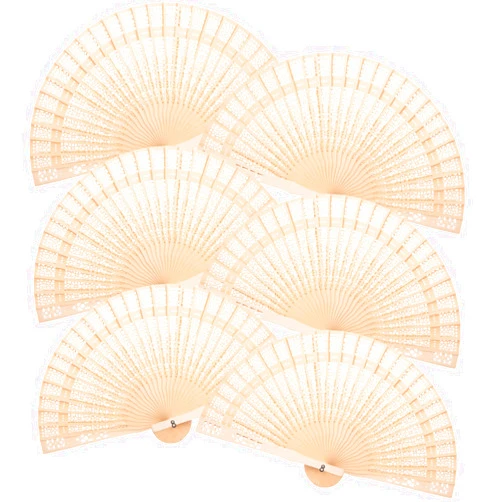 JOHOUSE Wooden Folding Fan, 6 PCS Wedding Handheld Folding Fans Vintage Sandalwood Hand Fan Chinese Style Hollow Carved Fans for Wedding Decoration Party Gifts Baby Shower