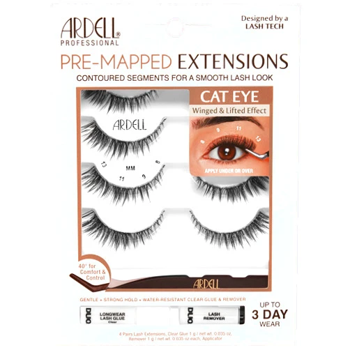 Ardell Pre-Mapped Eyelash Extensions Kit - False Lashes Cat Eye, Reusable Segmented Lash Strips, Long-Lasting with Lash Glue and Remover, 4-Pack