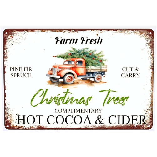 TRENDSTHAN Christmas Vintage Metal Sign Farm Fresh Christmas Trees Retro Metal Plaque Red Truck Rustic Farmhouse Decor for Home Cafe Bar Pub Farm Garden Kitchen Decoration Crafts 8X12 Inch
