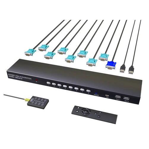 KAGO VGA KVM Switch 8 Ports - KVM Switch with Remote,USB Switcher 8 Computers Share 1 Monitor 4 USB 2.0 Hubs,Keyboard Mouse Printer,8 KVM VGA Cables 1 Desktop Controller 1 IR Remote