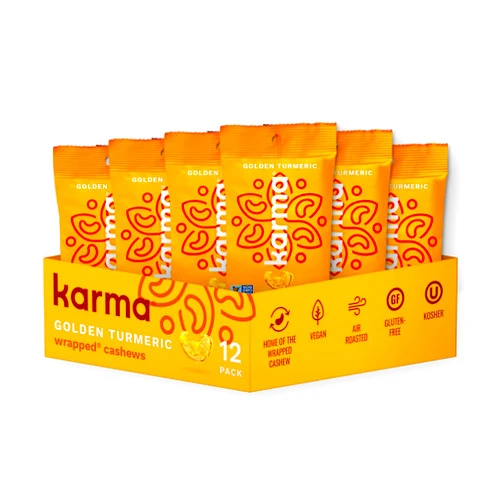 Karma Golden Turmeric Cashews with Skin by Karma Nuts, Whole, Roasted, Vegan, Gluten Free, Low Net Carb, Natural, Everyday Nut Snack, 1.5 Ounce (12 Snack Packs)