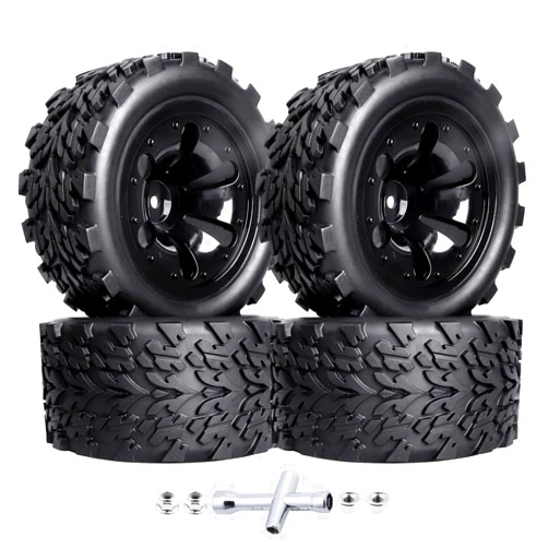 HobbyPark PreGlued 12mm Hex Wheels and Tires for 1/10 Scale RC Monster Truck Foam Inserts Compatible with Traxxas Rustler VXL Stampede 2WD Hoss 4x4, Set of 4