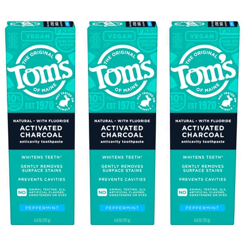 Tom's of Maine Tom’s of Maine Natural Activated Charcoal Toothpaste with Fluoride, Peppermint, 4.0 Oz (Pack of 3)