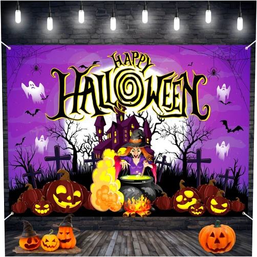 Paeyeq Happy Halloween Banner, Purple Halloween Party Decorations, Large Fabric Backdrop Witch Medicine Jar Tomb Castle Background Sign Poster Purple for Indoor Outdoor Table Halloween Party Wall Decor