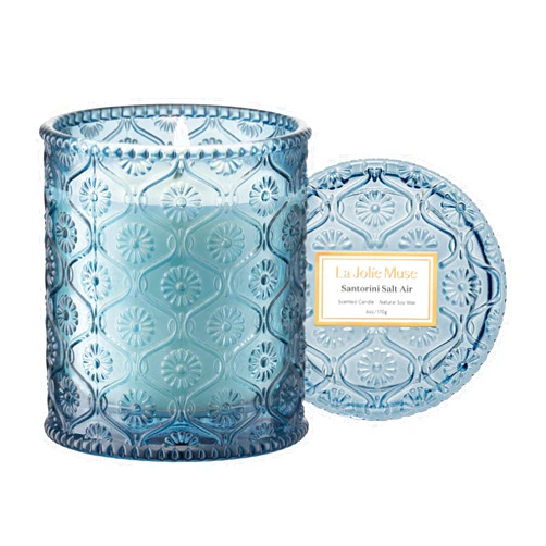 LA JOLIE MUSE Santorini Salt Air Candle - Bergamot, Sea Daffodil, Sandalwood | 6 oz Natural Soy Wax | 40 Hours Clean Burn | Ocean Scented Candle | Gift-Ready for Hosts & Gatherings