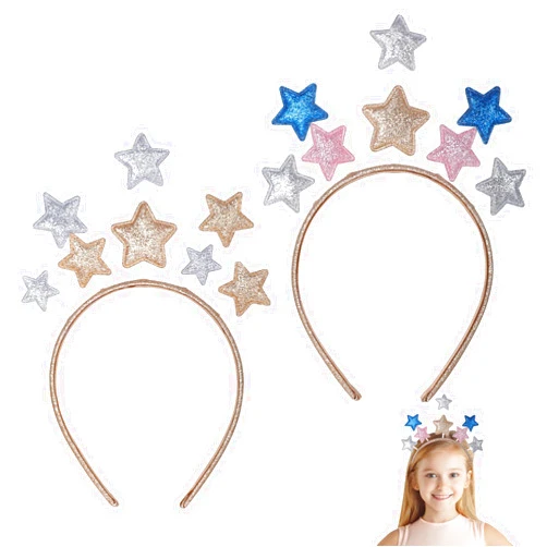 JJUNW 2PCS Glitter Star Headband, Hairband with Gold and Silver Star Hair Hoops, Colorful Party Star Headband Hair Bands, Hair Accessories for Party Festival Holiday Birthday Kids Adults (One Size)