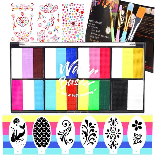 MARBUROLY Rainbow Face Painting Kit for Kids Adults - 8 Split Cake Water Activated Palette, 4 Paint Brushes, 3 Gem Sheet, 6 Reusable Stencils, Washable Facepaint Makeup Kit for Halloween, Party, Cosplay