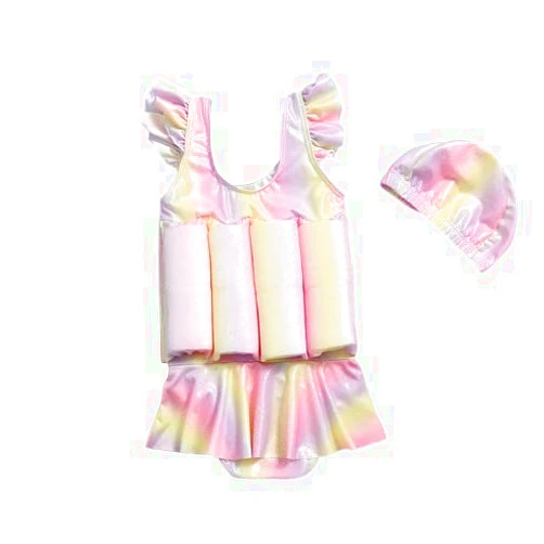 WICVIK Baby Girls Float Swimwear Ruffles Bathing Suit Toddler One Piece Buoyancy Swimsuit Beach Swim Vest with Swimming Cap