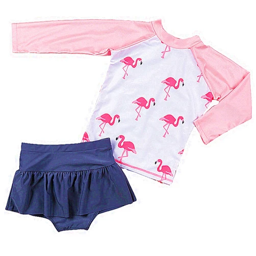 Jojobaby Baby Girls Kids 2Pcs Long Sleeve Flamingo Swimsuit Rash Guard Bathing Suit UPF 50+ UV