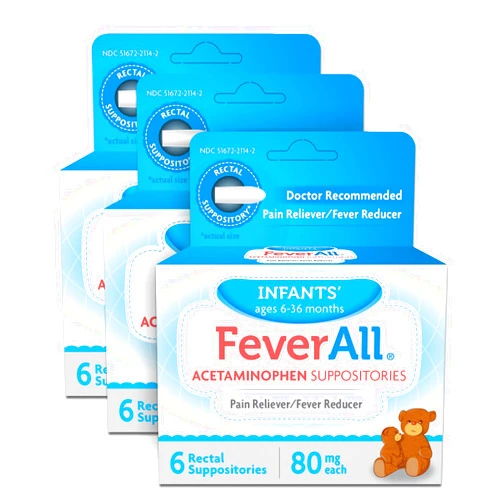 Feverall Infant Acetaminophen Suppositories 6 Rectal Suppositories 80mg Each Pain Reliever/Fever Reducer. Paraben Free, No Artificial Colors or Other preservatives. Ages 6-36 Months (Pack of 3)