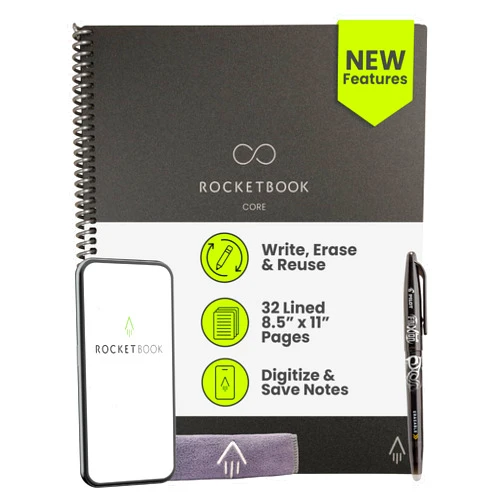 Rocketbook New Core Reusable Spiral Notebook, Letter Size 8.5x11, Black - Lined Pages, App-Connected, Erasable, Durable Cover, Ideal for School, Work, and Creative Projects
