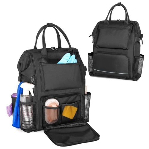 LoDrid Heavy Duty Cleaning Supplies Bag with Steel Frame Top, Large Cleaning Caddy with Adjustable Shoulder Straps and Multiple Pockets for Housekeeping Work, Black, Bag Only, Patent Designed