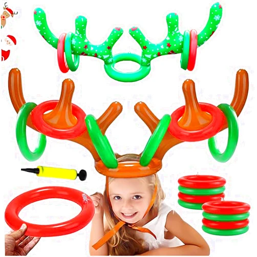 Tebazoew 2 Set Inflatable Reindeer Antler Game, Christmas Party Toss Game Inflatable Reindeer Antler Hat with Rings for Kids Adults Family Xmas Fun Games(1 Pump, 8 Rings, 2 Antlers)