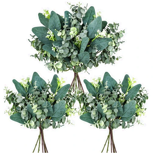 Winlyn 20 Pcs Mixed Artificial Oval Eucalyptus Leaves Bulk with White Seeds Stems and Spray for Vase Floral Wreath Bouquets Wedding Greenery Decoration