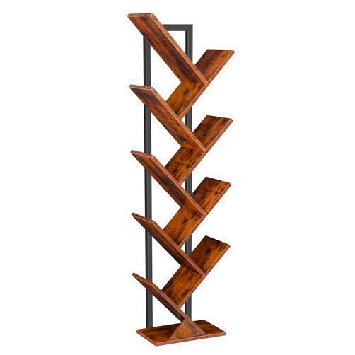 HOOBRO Tree Bookshelf, 9-Tier Bookcase Wooden Shelves, Floor Standing Storage Rack, for Display of CDs, Books in Living Room, Home Office, Wood Storage Rack for Bedroom, Rustic Brown BF08SJ01G1