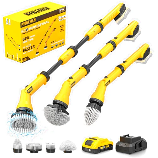 Alloyman 1000RPM Electric Spin Scrubber, 20V Cordless Cleaning Brush with Adjustable Extension Arm, 4 Replaceable Cleaning Heads, Hook and Gloves, 1 Hour Fast Charge, Waterproof - for Bathroom/Tub/Tile/Floor