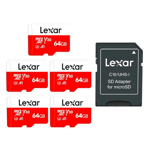 Lexar E-Series 64GB Micro SD Card 5 Pack, microSDXC UHS-I Flash Memory Card with Adapter, 100MB/s, C10, U3, A1, V30, Full HD, 4K UHD, High Speed TF Card